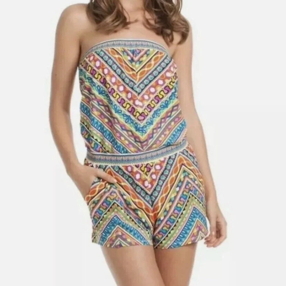 Trina Turk Peruvian Stripe Swimsuit Romper Cover Up Multicolor Halter Top Size M - Picture 5 of 14